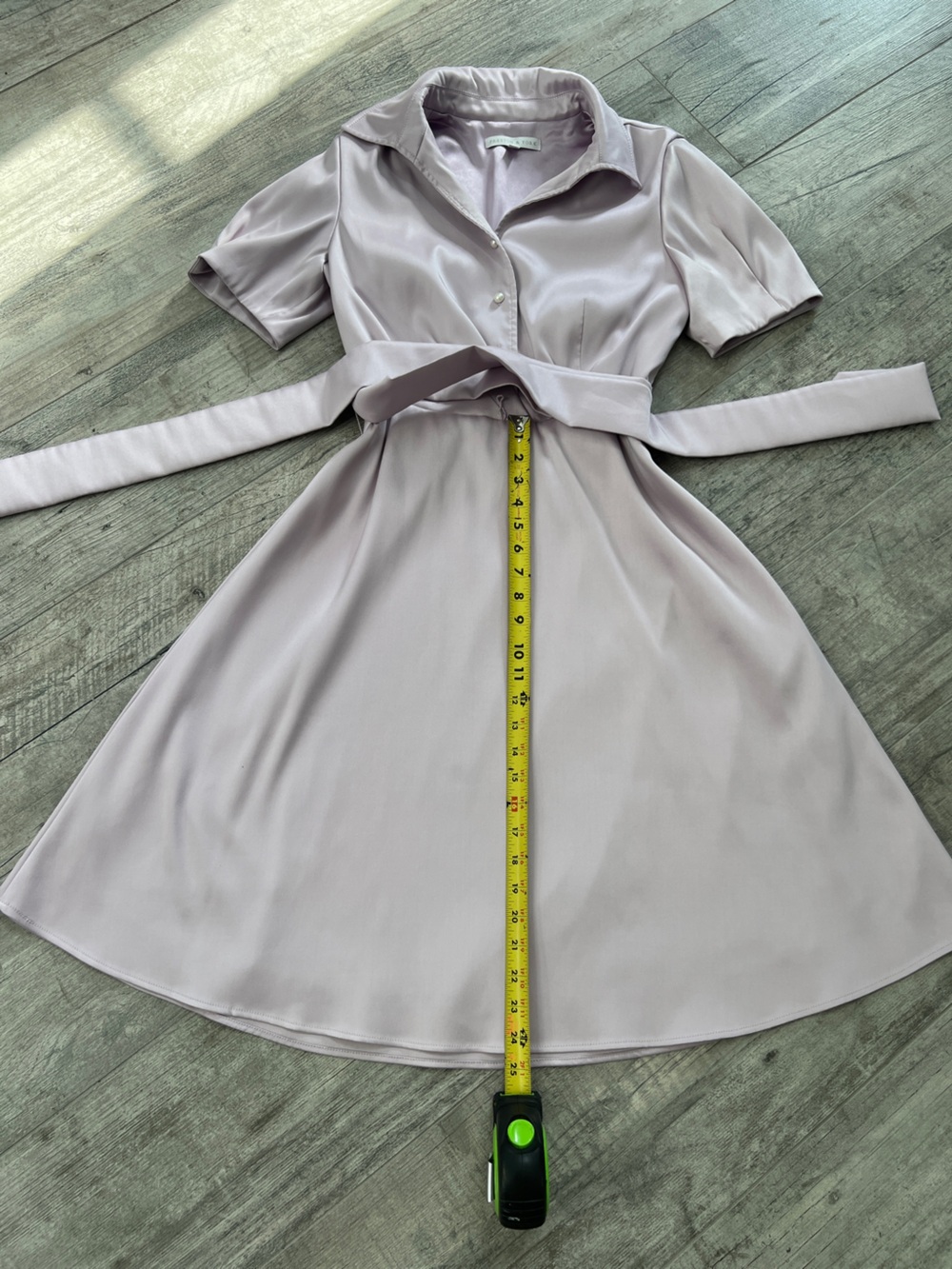 Preston & York Lavender Midi Shirt Dress with tie, puff sleeve and pearl buttons - Picture 6 of 14